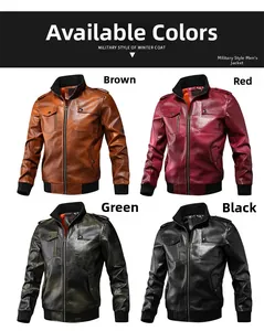Close-up of slim-fit PU leather moto jacket in brown, red, green and black color options