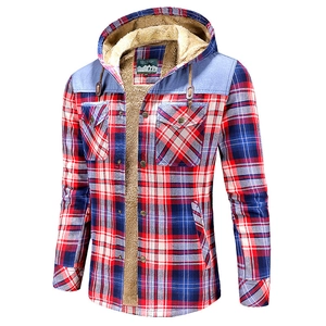 Men's hooded plaid shirt with warm fleece lining and classic red and blue checkered pattern