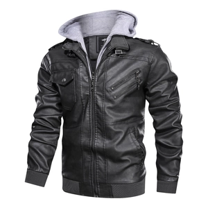 Detail of black faux leather biker jacket with grey jersey hood and metal zippers