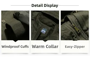 Detail view of military green jacket with windproof ribbed cuffs and fleece lining