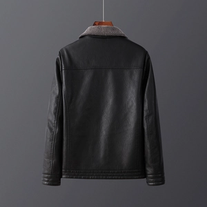 Men's black faux leather jacket with grey faux fur collar and lychee texture
