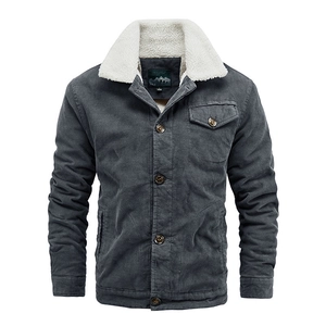 Men's dark gray corduroy jacket with warm white fleece collar and buttoned pocket