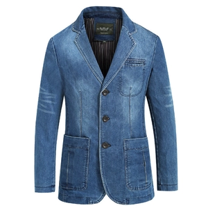 Men's deep blue denim blazer jacket with slim fit design and vintage wash texture