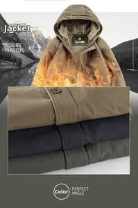 Detail of winter hooded cargo jacket with warm lamb fleece lining and triple color options