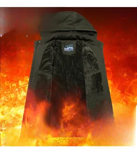 Detail of army green thermal parka featuring thick fleece lining for cold protection