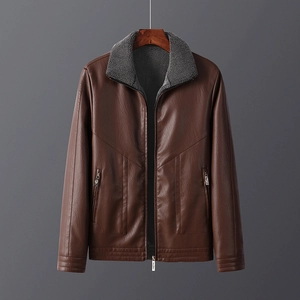 Men's brown faux leather jacket with grey fleece collar and metallic zipper detail