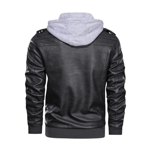Rear view of black PU leather jacket featuring a gray knitted hood and rib-knit cuffs