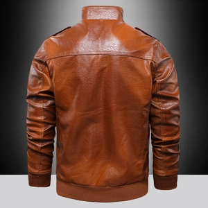 Classic brown PU leather bomber jacket for men with ribbed cuffs and shoulder epaulettes