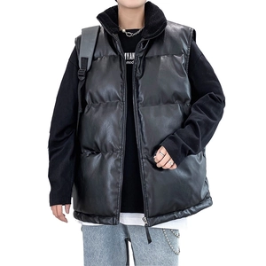 Men's black quilted PU leather vest with stand collar and warm fleece lining