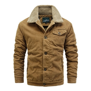 Men's brown corduroy winter jacket with warm sherpa fleece collar and buttoned chest pocket