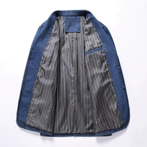 Men's casual dark blue denim jacket blazer with striped lining for autumn wear