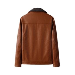 Men's brown leather jacket with plush lining shown from the back view on white background