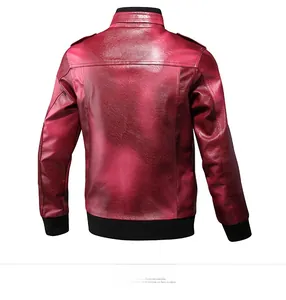 Detail view of burgundy PU leather jacket back with stand collar and ribbed hem