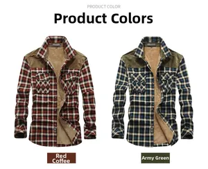 Detail view of plaid shirts with thick fleece lining and corduroy shoulder patches