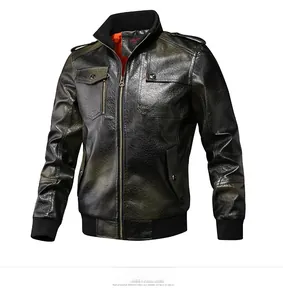 Detailed close-up of retro PU leather jacket with orange lining and rib-knit stand collar