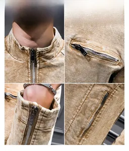 Detailed close-up of khaki retro canvas jacket showing metal zippers and washed texture
