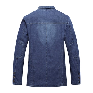 Classic mid-blue wash denim jacket for men featuring vintage back seam and elbow patches