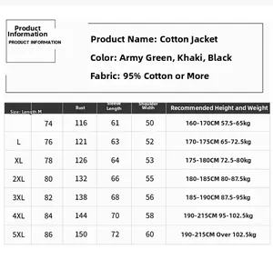 Detailed size chart for men's fleece-lined cotton coat featuring measurements from M to 5XL