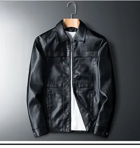 Detailed view of black PU leather motorcycle jacket featuring zip closure and quilted pockets