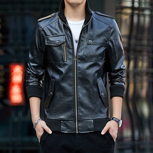 Detail view of men's slim fit leather jacket featuring stand collar and metal zippers