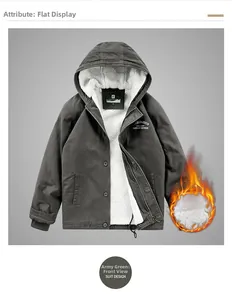 Flat lay of winter padded jacket with thick fleece lining and hooded windproof design