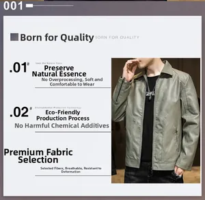 Detailed view of gray-green faux leather jacket showing zipper closure and textured PU fabric