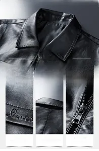 Macro shot showing premium black faux leather texture and metallic zipper of the biker jacket