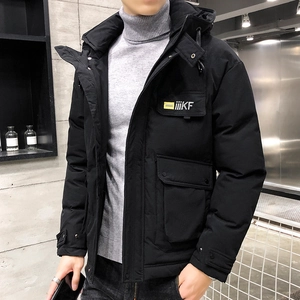 Men's winter heavy black hooded parka jacket with functional pockets in industrial style