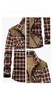 Macro detail of men's winter plaid shirt with warm fleece lining and corduroy collar