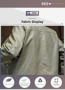 Detail of grey-green PU leather jacket showing fine texture and durable stitching