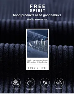 Macro detail of navy corduroy fabric texture and breathable 100% cotton lining material