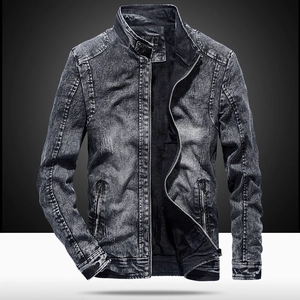 Veste en jean gris foncé pour homme avec col montant et doublure polaire chaude