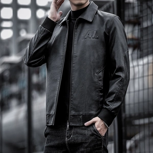 Men PU Leather Jacket Biker Moto Style Letter Embossed Outerwear With Ribbed Cuffs Hem For Casual Streetwear Outfit Coat