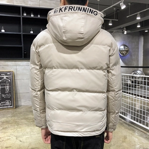 Men's thick hooded puffer jacket in beige featuring quilted design and back view display