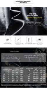 Detailed size chart for men's PU biker jacket with measurements for M to 4XL sizes