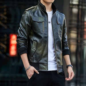 Detail view of deep green faux leather jacket featuring stand collar and metal zipper
