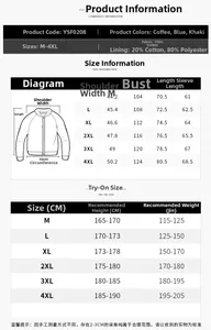 Size chart for corduroy jacket showing chest, shoulder, and sleeve measurements in CM
