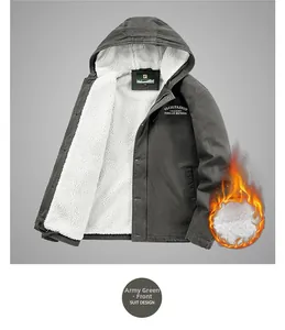 Detail of army green hooded parka with warm white sherpa fleece lining and button closure