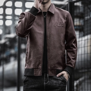 Men's brown PU leather jacket with classic collar and stylish AL letter embossing
