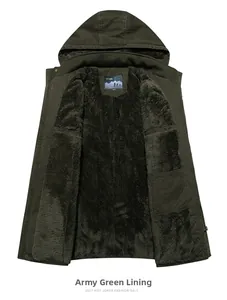 Detailed view of military green hooded jacket featuring thick thermal fleece lining inside