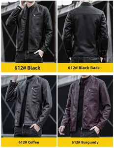 Détails de vestes cintrées en similicuir pour hommes en noir, café et rouge bordeaux