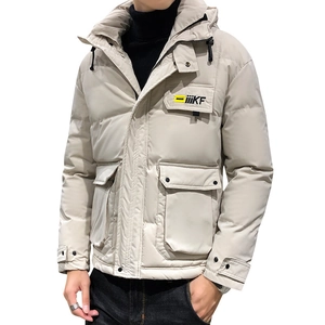 Men's off-white hooded winter parka jacket with multi-pocket utility design and high collar