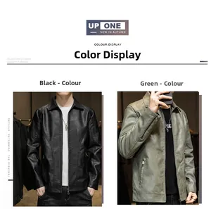 Detail view of slim fit faux leather jackets in classic black and olive green colors