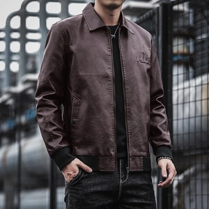 Men's brown faux leather biker jacket with embossed chest logo and ribbed cuffs