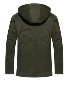 Army green men's hooded jacket back view showing high quality twill fabric and stitching