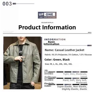 Detailed chart showing green faux leather jacket materials and sizing from M to 4XL