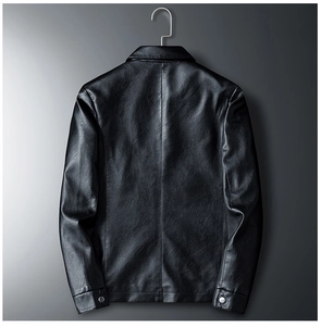 Rear view of a men's black PU leather motorcycle jacket with sleek back stitching details