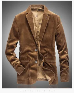 Detailed view of brown corduroy blazer with dark leaf pattern lining and flap pockets