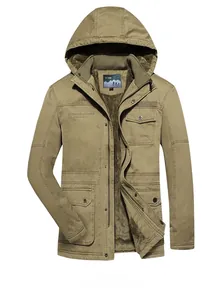 Detail of khaki men's parka showing warm brown fleece lining and zip button closure