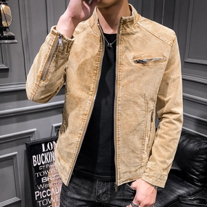 Men's vintage khaki denim jacket with stand collar and washed texture style